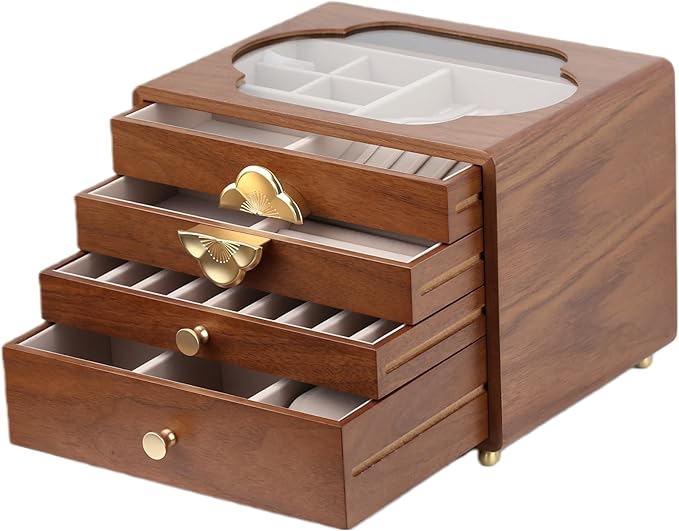 Black Walnut Jewelry Box for Women, 4-Layer Wooden Organizer with Glass Lid, for Watches, Necklaces, Rings & Earrings Storage Gifts