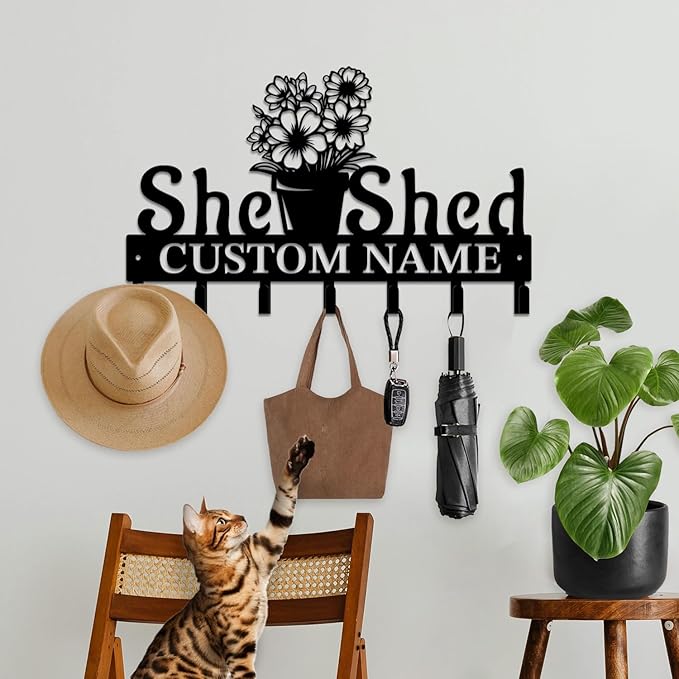 Personalized She Shed Metal Keys Hooks,Custom Name Metal She Shed Keys Hooks,Black Metal She Shed Wall Home Storage Decorative Keys Hooks,Key Holder Hooks for Wall (Style J)