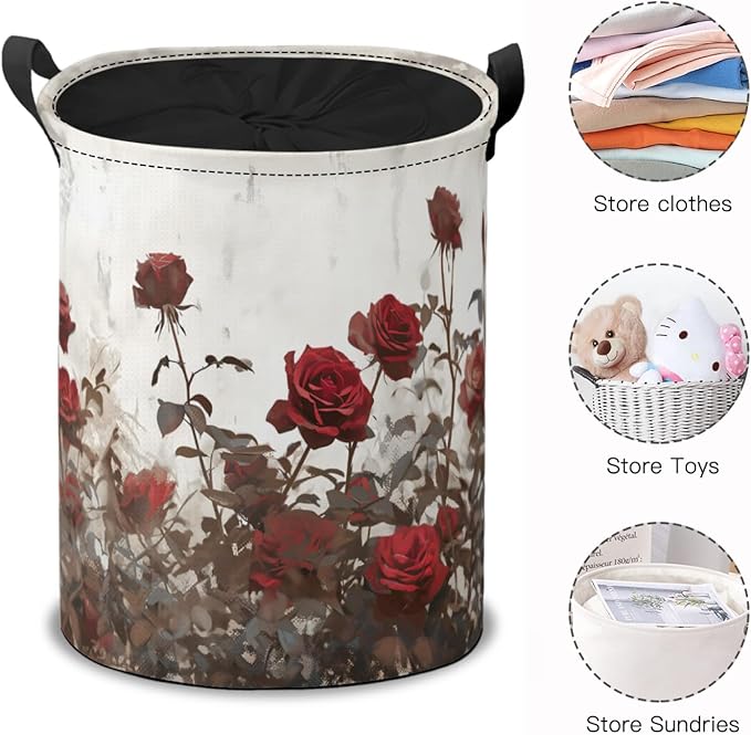 Storage Baskets- Vintage Rose Pattern Foldable Laundry Hamper Fabric Organizer Storage Bins with Handles for Shelves, Closet, Nursery, Laundry, Toys