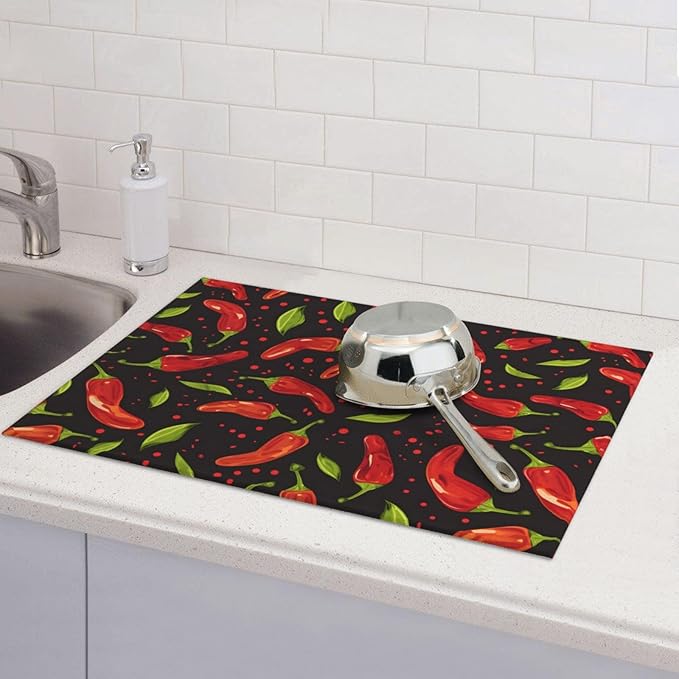 Red Chili Pepper Dish Drying Mat 18x24 For Kitchen Counter Absorbent Microfiber Dishes Pad Dish Drainer Rack Mats Fast Dry Kitchen Accessories