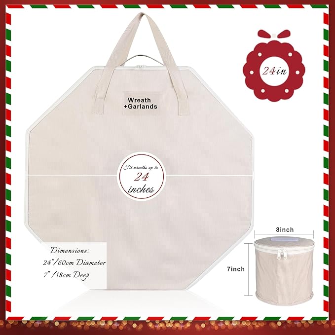 Wreath Storage Christmas Garlands Bag with Interior Pockets Large Xmas Container Box for Holiday Decorations Case with Zipper Handles Window Labeling Card Slot 24" Houndstooth