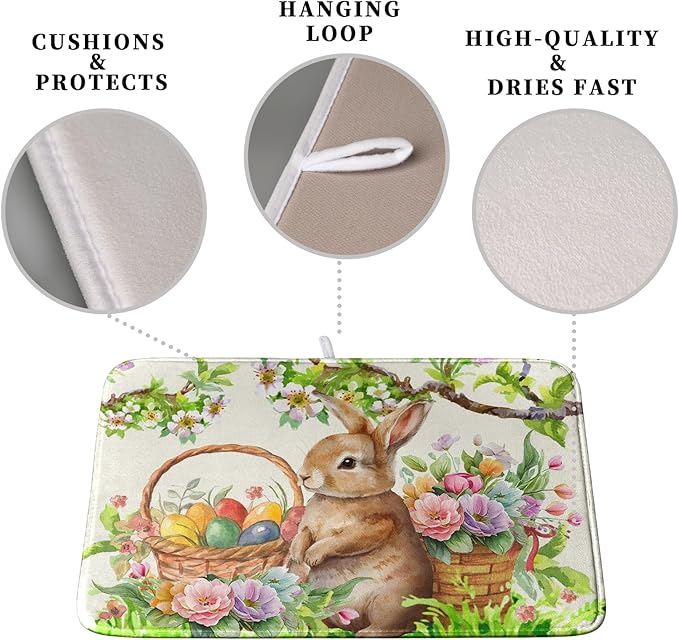 Happy Easter Bunny Kitchen Dish Drying Mat for Dishes 18x24 Inch Spring Colorful Floral Flower Basket Drying Mats Easter Eggs Dish Drainer Mat Super Absorbent Dish Rack Pad for Coffee Bar Sinks