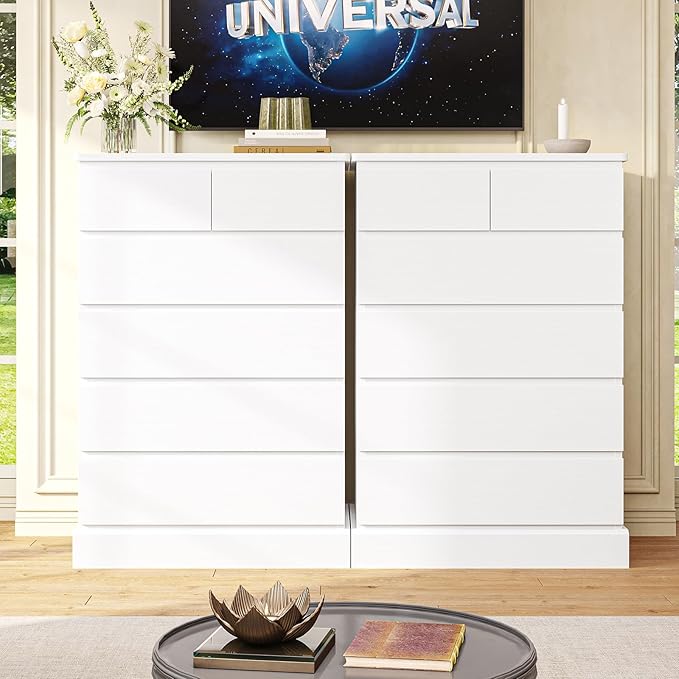 DICTAC White Tall Dresser for Bedroom with 6 Drawers, 43.9" Tall Dressers & Chests of Drawers, Modern Wood Closet Organizer and Storage Cabinet, Large Vertical Dresser for Bedroom, Closet, Hallway