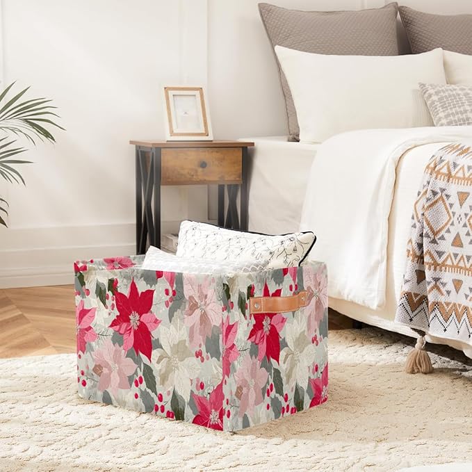 Storage Baskets Bin, Christmas Winter Poinsettia Collapsible Canvas Fabric Storage Bin Decorative Baskets Toy Organizer Rectangle Storage Boxes with Handles for Home Shelves Nursery, J-001