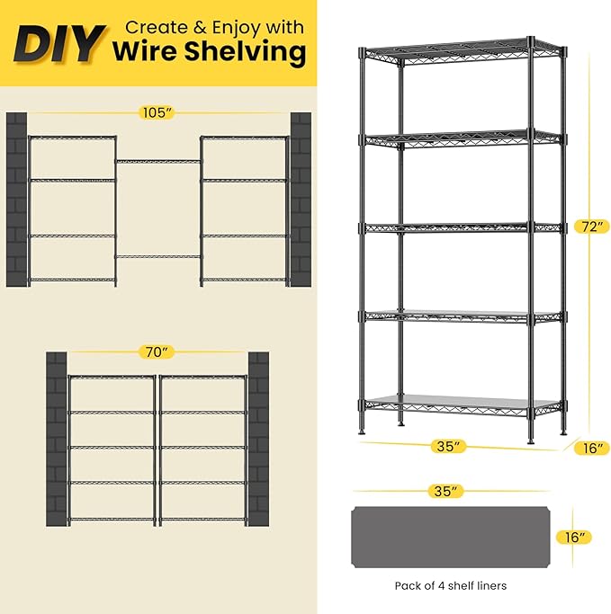 RackBro 72" H Storage Shelves 5 Tier Wire Shelving with Shelf Liners, Adjustable Metal Garage Shelving, 1325LBS Heavy Duty Commercial Storage Rack for Pantry Kitchen, 35" W x 16" D x 72" H, Black