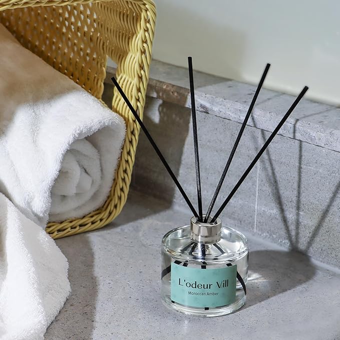 L'odeur Vill Reed Diffuser Set, 6.7 oz(200ml) Moroccan Amber Scented Diffuser with 6 Oil Diffuser Sticks, Home Fragrance Essential Oil Reed Diffuser for Home Large Rooms Bathroom Shelf Decor