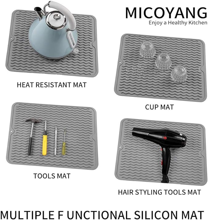 MicoYang Silicone Dish Drying Mat for Multiple Usage,Easy clean,Eco-friendly,Heat-resistant Silicone Mat for Kitchen Counter or Sink,Refrigerator or drawer liner Grey L 16 inches x 12 inches
