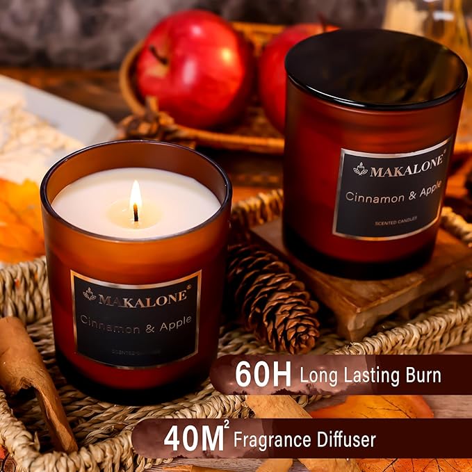 Cinnamon Apple Scented Candle,9oz Soy Wax Candle in Frosted Amber Jar,Hand-Poured Soy Non Toxic Candles,Warm Spiced Apple Aromatherapy for Kitchen, Office & Living Room,Cozy Home Gifts for Women & Men