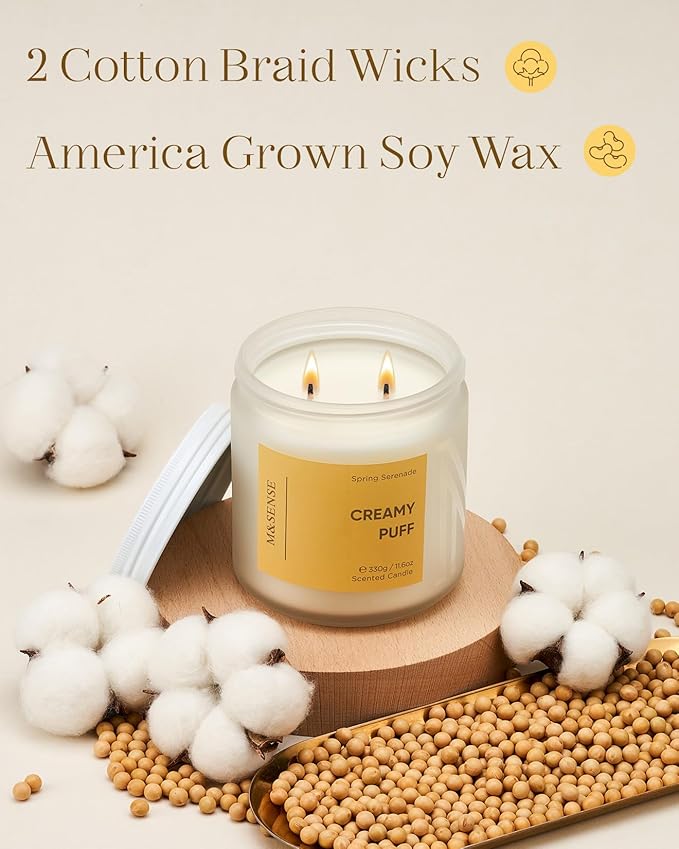M&SENSE Sandalwood Gardenia Vanilla Scented Candle, 70-Hour Burn Time 2-Wick 11.6oz Natural Soy Wax Non Toxic Candle Aromatherapy for Home Decor Birthday Gifts Easter Supplies
