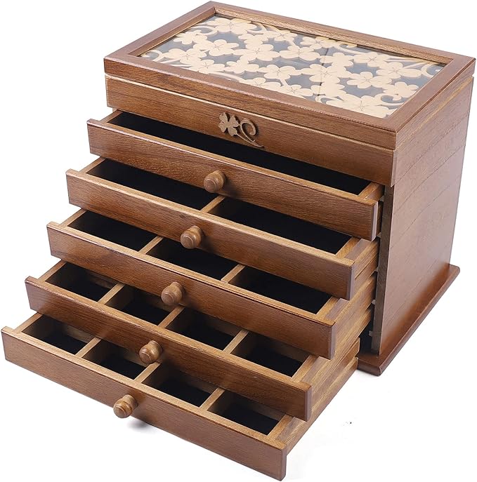 Jewelry Storage Organizer, 6 Layers with 5 Drawers Large Jewelry Organizer Wooden Storage Box Case for Woman (Brown type2)