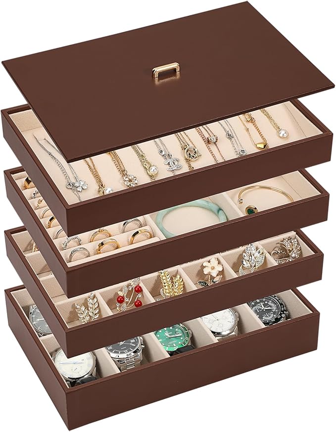 Voova Stackable Jewelry Organizer Tray with Lid, PU Leather Jewelry Storage Holder for Drawer Inserts, Jewellery Display Box Case for Earring Necklace Ring Watch Bracelet (Set of 4, Caramel Brown)