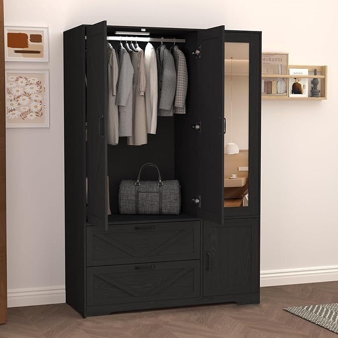 Armoire Wardrobe Closet with Mirror and 2 Drawers, 72''H Bedroom Armoire Wardrobe Cabinet with Hanging Rod and Light,Wooden Bedroom Closet with Adjustable Shelf