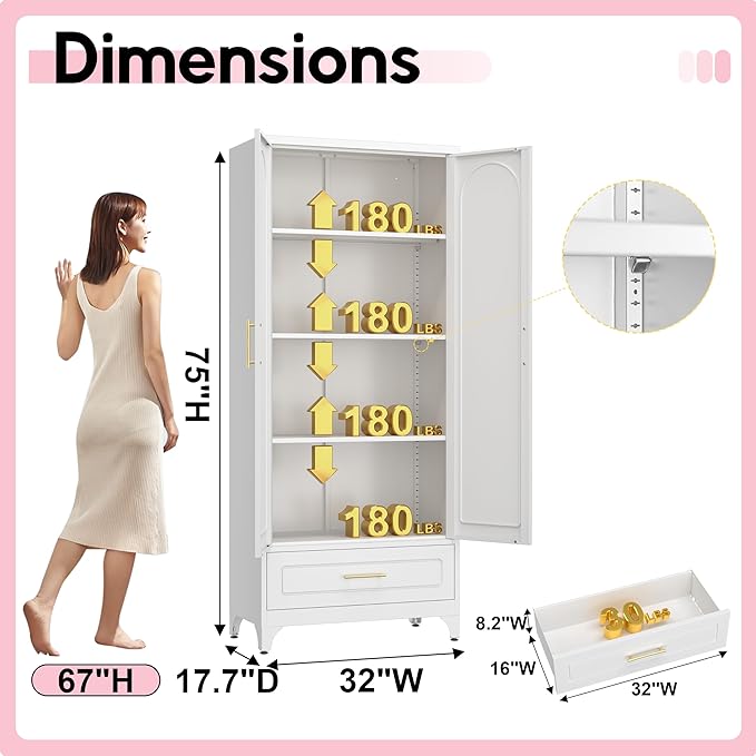 Pantry Kitchen Cabinet with Drawer, 75" Tall Pantry Storage Cabinet, Metal Storage Cabinets with Doors and Shelves, Large Freestanding Cupboard for Dining Room, Assembly Required, White