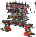 CCCEI Garage Tools Storage with Charging Station. Power Tool Battery Organizer Utility Shelf with Power Strip. 4 Drills Holder Wall Mount Rack, Black 4 Layer.