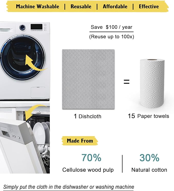 MoLKENE Swedish Dishcloths for Kitchen | 10 Pack Absorbent Cellulose Sponge Cloths Washable | Non-Scratch Reusable Paper Towels Quick Drying Cleaning Rag - Grey