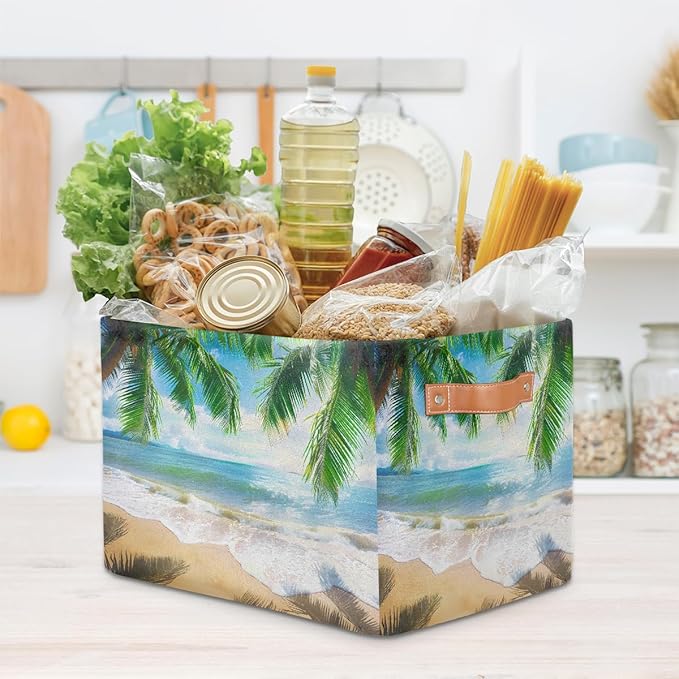 Beach Tropical Coconut Tree Storage Basket for Shelves, Storage Bins with Handles, Collapsible Basket for Organizing, Closet Toy Baskets for Nursery Room, 15x11x9.5 in, Canvas, Summer Beach