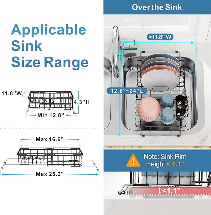 iSPECLE Expandable Dish Drying Rack for Kitchen Sink - Rust Resistant Adjustable Over The Sink Dish Drainer with Non Slip Rubber, 11.8" W x 12.8"-25.2" L, Black