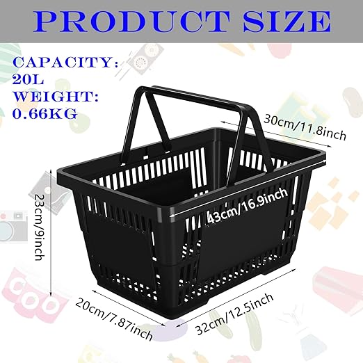Macarrie 12 Pcs Shopping Baskets, 20 L Plastic Baskets with Handles, 16.9 x 11.8 x 9.1 Inches, Sturdy, Black