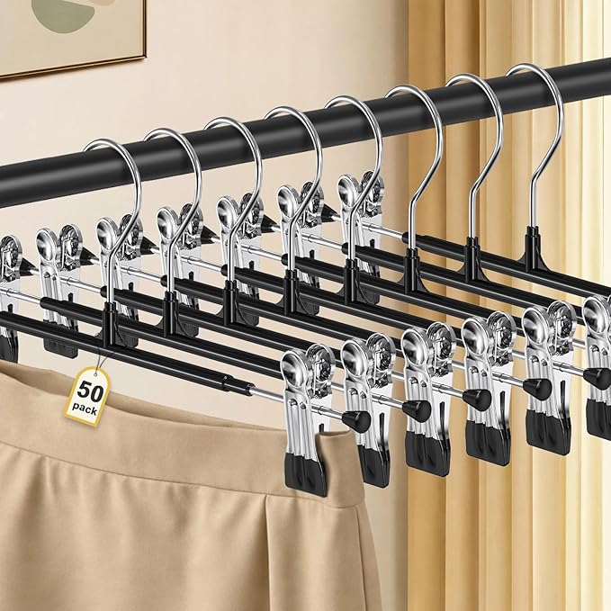 POZEAN Pants Hangers with Clips 50 Pack, 12 Inch Adjustable Skirt Hangers for Women, Space Saving Non-Slip Hangers for Shorts, Jeans, Coat, Kids' Clothes (Black, 50Pack)
