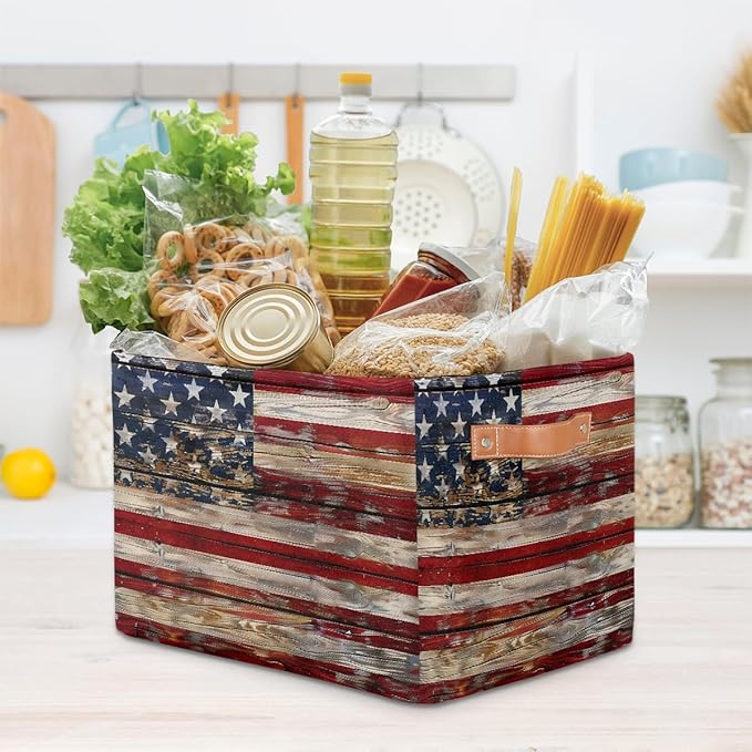 American Flag Storage Basket for Shelves, Storage Bins with Handles, Collapsible Basket for Organizing, Closet Toy Baskets for Nursery Room, 15x11x9.5 in, Canvas, Old Wooden USA Flag