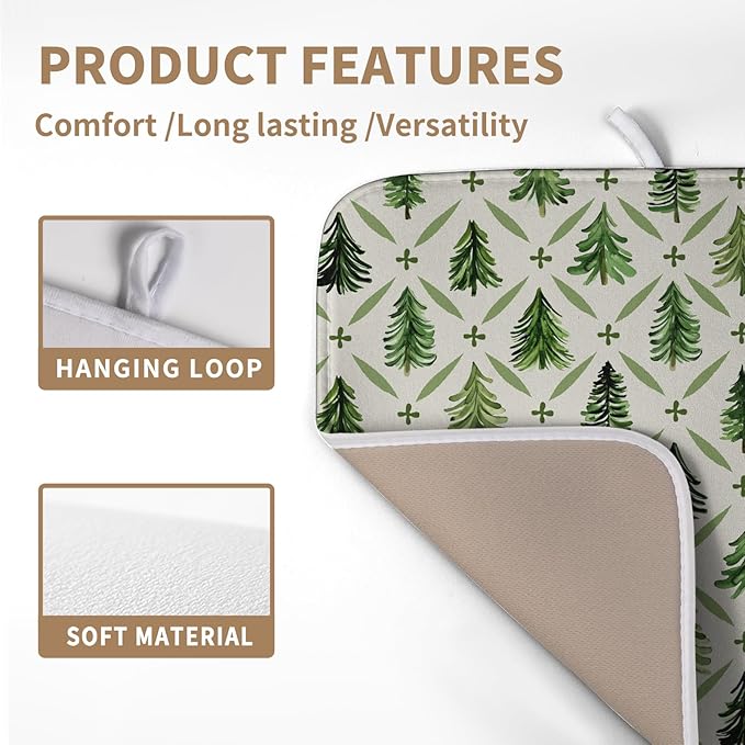 Wnoesat Christmas Dish Drying Mat for Kitchen Counter 16x18 Inch Sage Green Xmas Tree Drying Mats Winter Holiday Dish Drainer Pad Microfiber Absorbent Dish Draining Mat for Coffee Bar