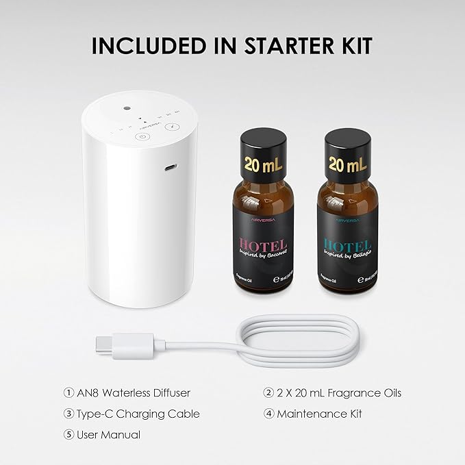 Airversa Waterless Essential Oil Diffuser Starter Kit with 2x20mL Hotel Fragrance Oils, Cordless Nebulizer for Car Home Office, Up to 600 sq ft, Mist/Timer Settings, Baterry Operated, AN8Kit-3, White