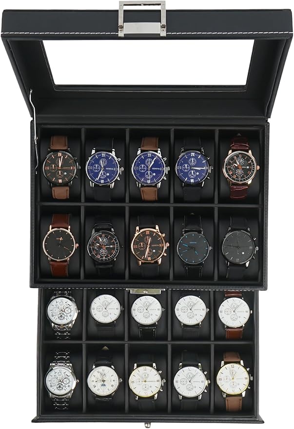 Jenseits Watch Box, 20 Slot Watch Case for Men, 2 Layers Lockable Watch Display Case with Glass Lid, Large Capacity Watch Storage Organizer, Gift for Loved Ones, Luxury Watch Holder (Black)
