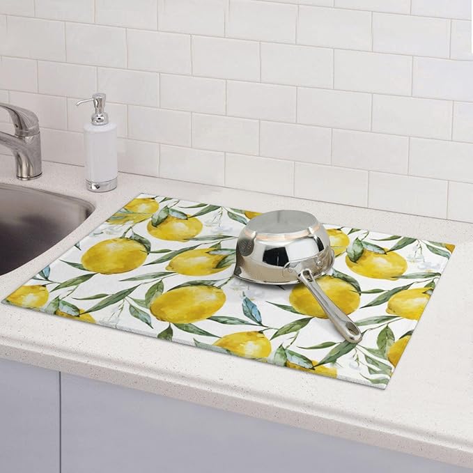 Lemon Dish Drying Mat 18x24 For Kitchen Counter Absorbent Microfiber Dishes Pad Dish Drainer Rack Mats Fast Dry Kitchen Accessories