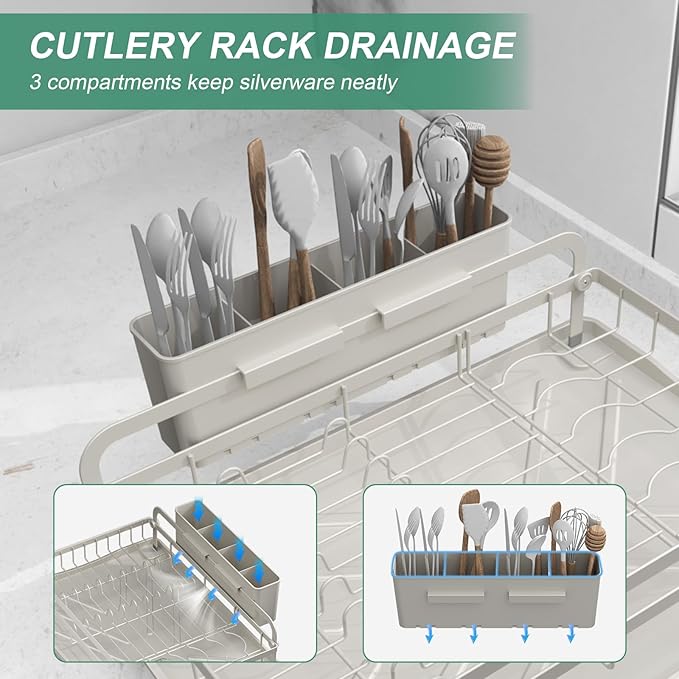 HOMEAILIE Dish Drying Rack,Dish Racks for Kitchen Counter,Metal Dish Drainer with Adjustable Drainage Spout,Removable Knife and Fork Holder (Grey)