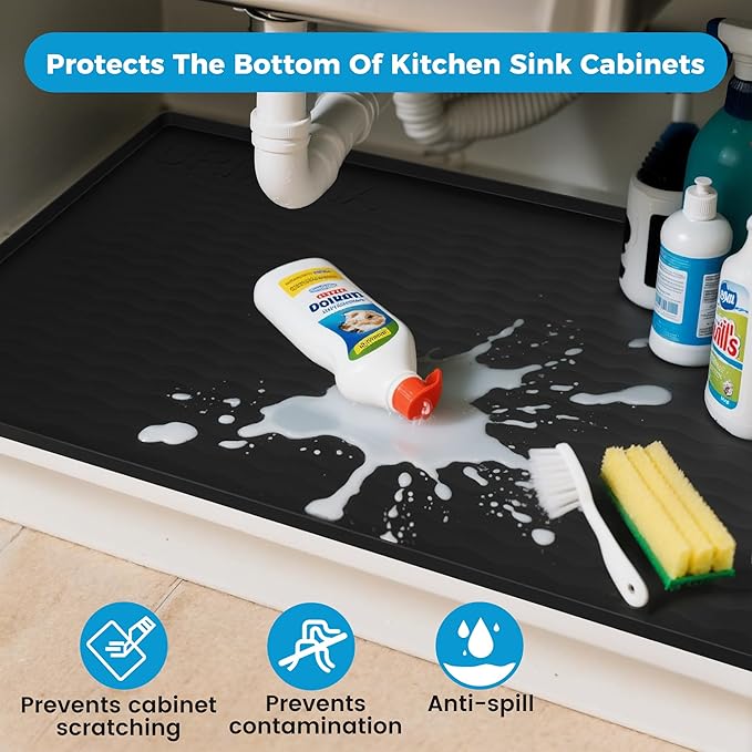 URMONA 34'' x 19'' Waterproof Silicone Under Sink Mat Cabinet and Counter Protector, Shelf Liner for Kitchen and Bathroom, Storage and Organizers, Litter Mat, Pet Cat Puppy Essentials（Black）