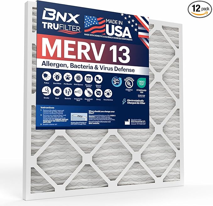 BNX TruFilter 20x24x1 Air Filter MERV 13 (12-Pack) - MADE IN USA - Electrostatic Pleated Air Conditioner HVAC AC Furnace Filters for Allergies, Pollen, Mold, Bacteria, Smoke, Allergen, MPR 1900 FPR 10