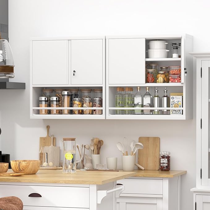 Metal Wall Cabinet, Wall Storage Cabinets with Door and Adjustable Shelves, Bathroom Metal Storage Cabinet for Laundry Room, Kitchen, Garage
