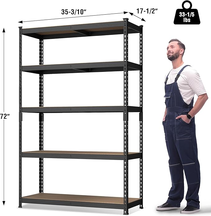 WORKPRO 5-Tier Steel Shelving Unit-Black, 35-3/10”W x 17-1/2”D x 72”H, Adjustable Storage Rack, Heavy Duty Shelf with MDF Board, 1650 lbs Load Capacity (Total) for Garage, Basement, Warehouse, Kitchen