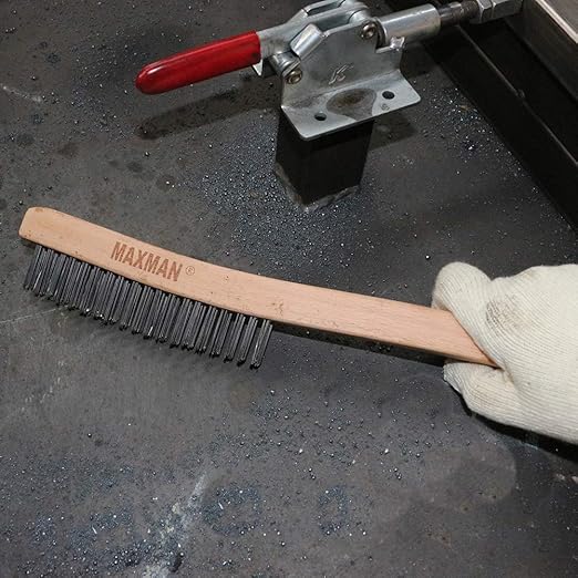 Wire Brush,Heavy Duty Carbon Steel Wire Scratch Brush for Cleaning Rust with 14" Long Curved Beechwood Handle,Large