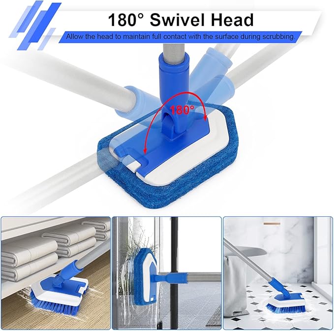 Lalafancy Bathroom Scrubber with Extendable Long Handle 50'' -3-in-1 Tub and Tile Cleaning Brush Interchangeable Head Attachment Shower Scrubber for Cleaning Bathroom Shower Bathtub Floor