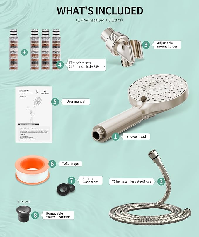 SR SUN RISE Filtered Shower Head with Handheld High Pressure 9 Spray Mode Showerhead Detachable Shower Head Water Softener Filters Beads for Hard Water Remove Chlorine 4 Filters Brushed Nickel