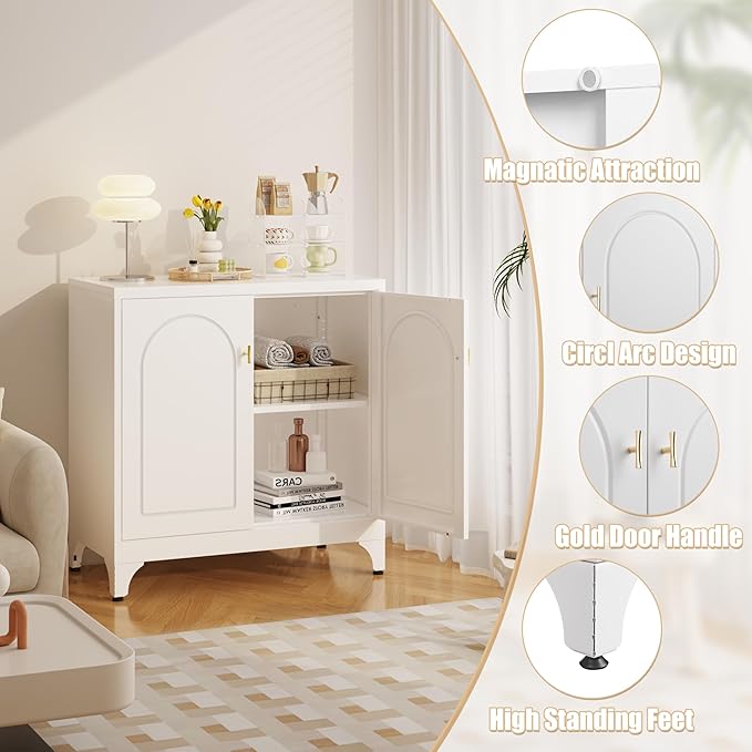 Metal Storage Cabinet with 2 Doors, 33" H White Sideboard Cabinet, Small Kitchen Pantry with Adjustable Shelf, Coffee Bar Cabinets, Storage Cabinets for Kitchen, Bedroom, Living Room, Office