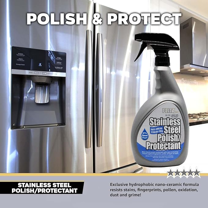 Flitz Stainless Steel Polish Protectant - 32oz Bottle, USA-Made Ceramic Coating for Stainless Steel Appliances, Repels Fingerprints & Water Spots - Aluminum & Chrome Polish & Protectant (1 Pack)