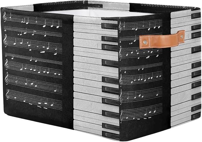 Music Notes Storage Basket for Shelves, Storage Bins with Handles, Collapsible Basket for Organizing, Closet Toy Baskets for Nursery Room, 15x11x9.5 in, Canvas, Music Pinao