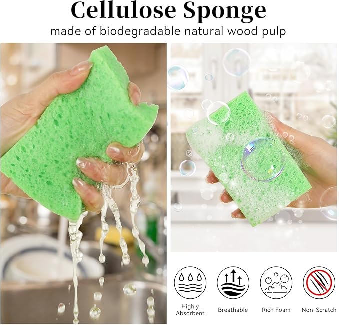 Mkobon 6 Pcs Kitchen Sponges for Dishes Cleaning, Non Scratch for Non Stick Cookware, Compressed Natural Cellulose Sponges, Dish Washing Scrubbers, Scrubbing Pads for Household, Bathroom (Green)