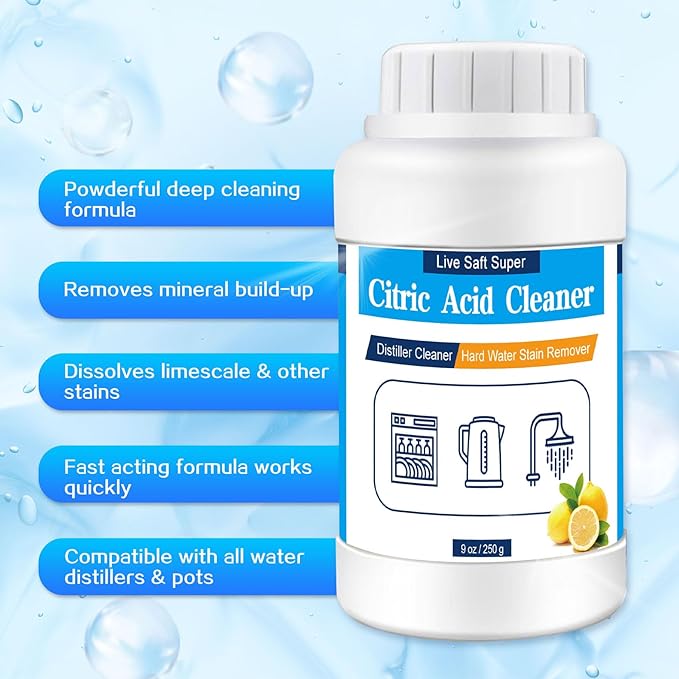 Live Saft Super Distiller Descaler Citric Acid Cleaner - 1 Lb Bulk Citric Acid Powder for Cleaning Water Distillers, Hard Water Stain Remover for Hot Water Dispenser Electric Kettle