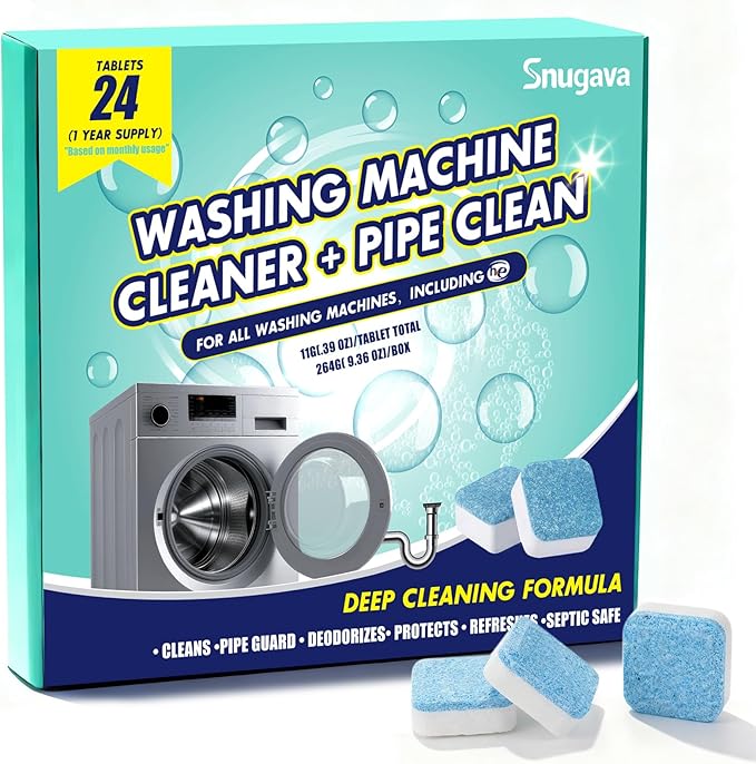 Washing Machine Cleaner Tablets and Deodorizer: 24 Pack Laundry Machine Tub Descaler Cleaner, Deep Cleaning Household Pods for HE Front Loader Top Load Washer, Septic-Safe Eco-Friendly - 1 Year Supply