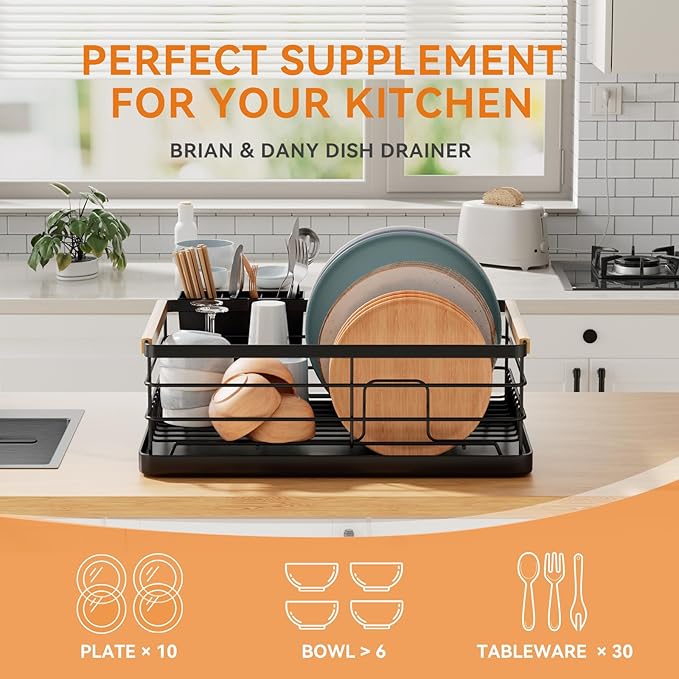 BRIAN & DANY Dish Drying Rack, Dish Racks for Kitchen Counter, Stainless Steel Dish Drainer with Removable Cutlery Holder & Drainboard, Black