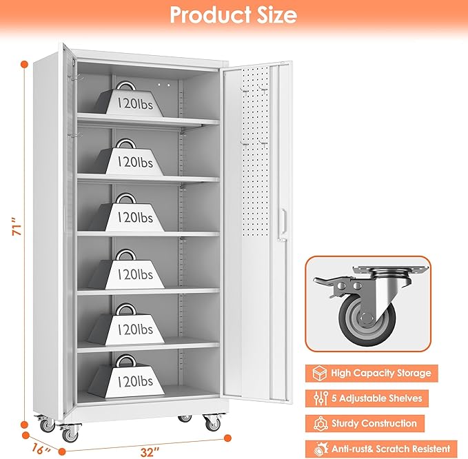 Aobabo 71" H×32" W×16" D Garage Storage Cabinet with Wheels, Metal Storage Cabinet with 5 Adjustable Shelves and 4 Hooks for Home Office, Kitchen, White, Assembly Required