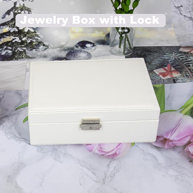 SYCARON Jewelry Box Organizer for Women, Jewelry Organizers 2 Layer Jewelry Storage Box PU Leather with Lock for Women Girls Rings Earrings Necklace Bracelets, Off White