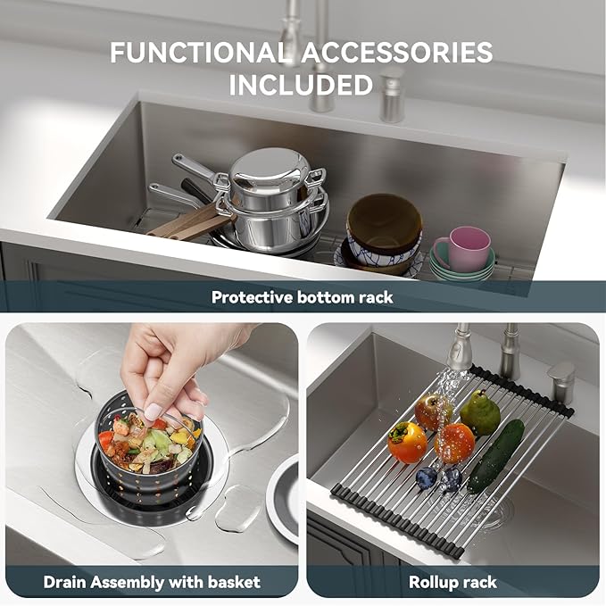 Lordear 33 Undermount Kitchen Sink 33x19x10 Inch Stainless Steel Single Bowl Kitchen Sinks Round Corner 16 Gauge Handmade Under Counter Sinks Basin