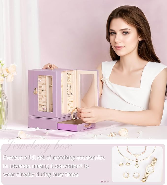 Jewelry Box large for Dresser: Women Necklace Ring Storage Organizer with Compartments - Elegant Earring Holder Display (Grey Purple)