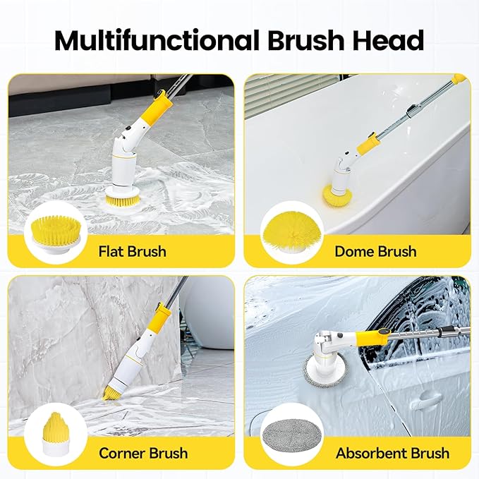 StarVal Electric Spin Scrubber, Cordless Cleaning Brush Shower Scrubber Up to 550 RPM with 9 Replaceable Brush Heads, Bathroom Scrubber Adjustable Extension Handle for Bathroom Kitchen Car (Yellow)