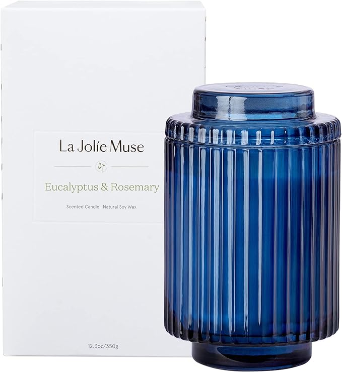 LA JOLIE MUSE Eucalyptus & Rosemary Scented Candle - Aromatherapy Candle for Relaxation, Natural Soy Wax, Glass Jar Candles for Gift and Home Decor, 80 Hours Long Burning, 12.3oz