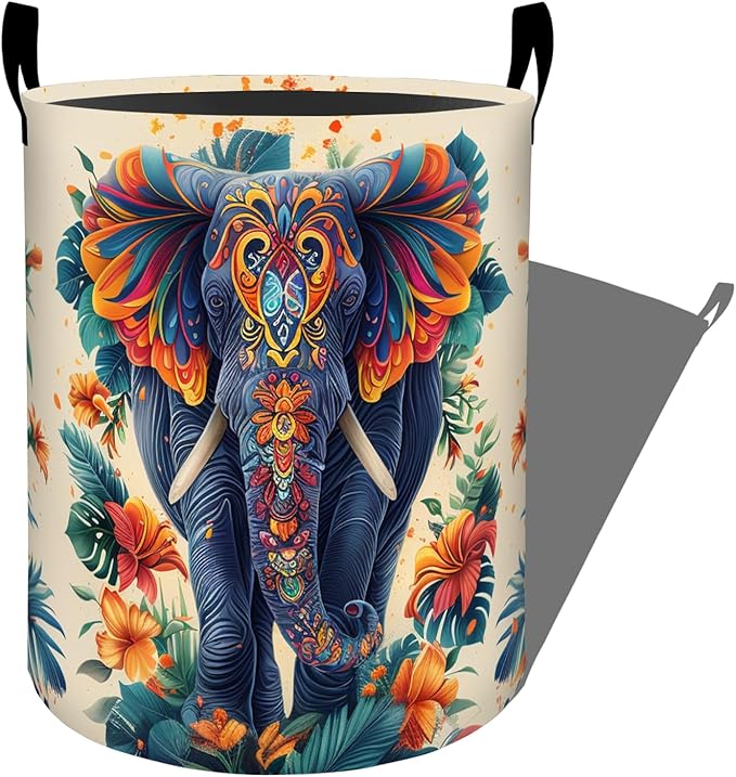 Ornate Elephant with Colorful Flowers Laundry Basket with Handles, 19.7"x15.7" Clothes Foldable Laundry Hamper Organizer for Dorm Nursery Bedroom Bathroom Decor, Toy Storage Bin for Kids